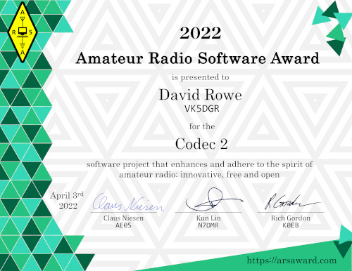 Certificate of the 2022 Amateur Radio Software Award - David Rowe VK5DGR - Codec 2